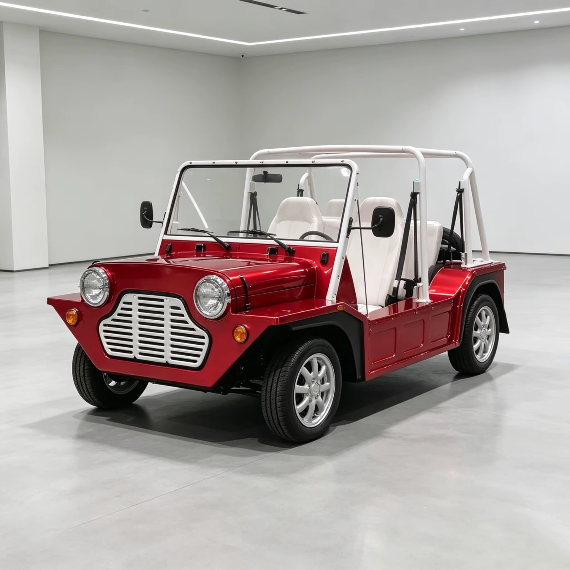 Capri open-air electric vehicle in red, three-quarter view