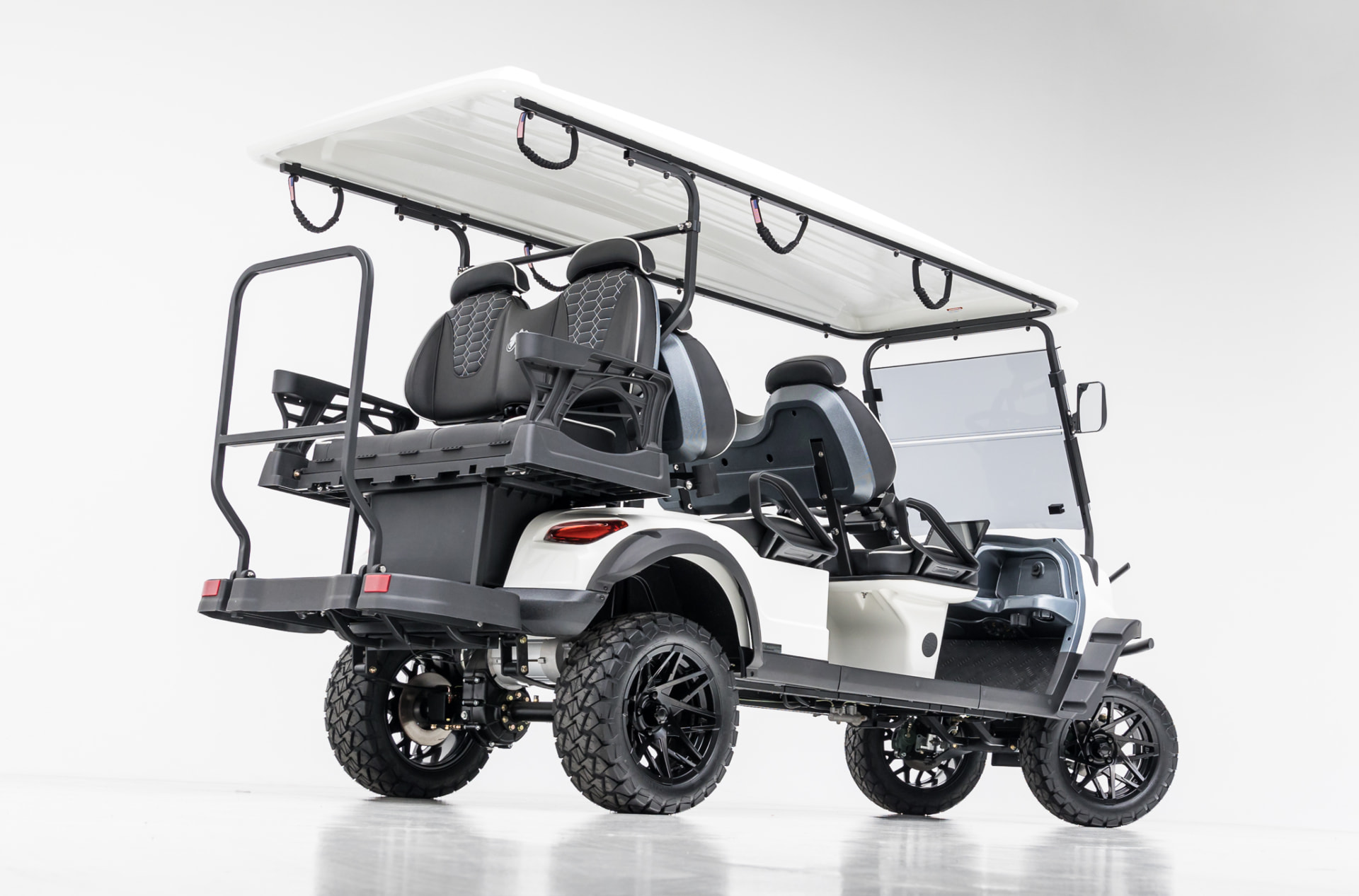 Riviera FR6 rear three-quarter view showing rear-facing seats and cargo deck