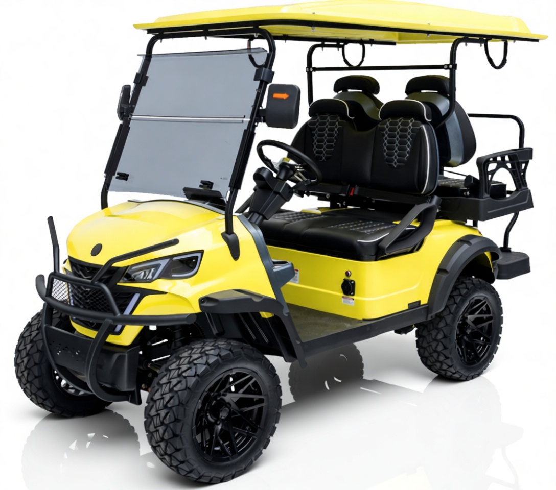 Yellow Riviera FR4 luxury electric golf cart, three-quarter front view