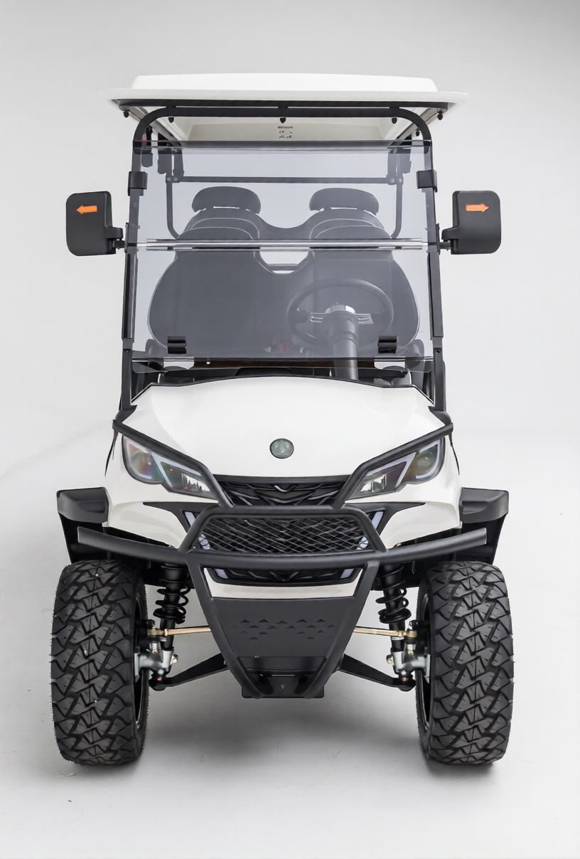 Riviera FR6 front view with bull bar, LED headlights and turn-signal mirrors