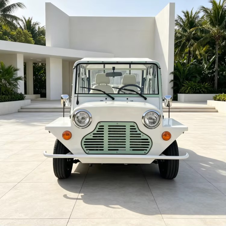 White Capri electric vehicle viewed from the front at a villa