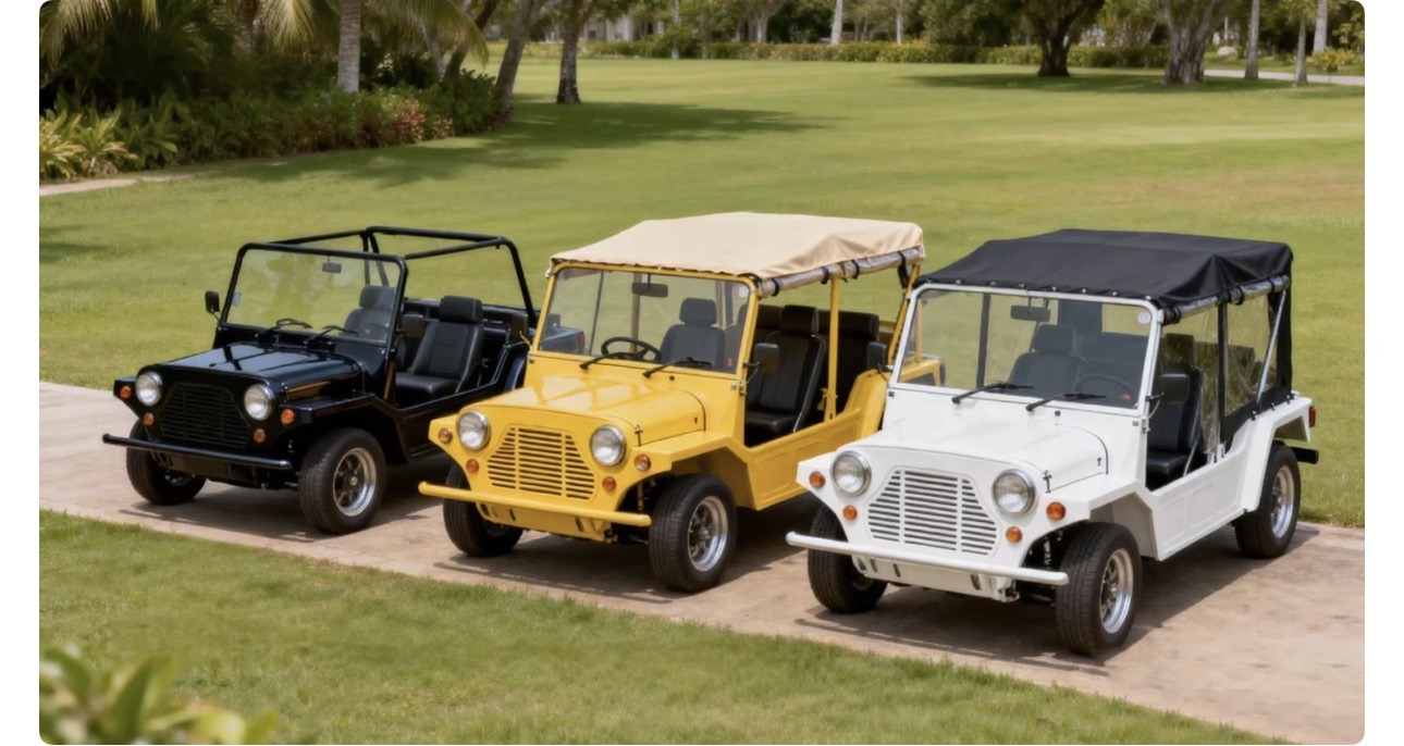 Three Capri vehicles lined up on a coastal lawn