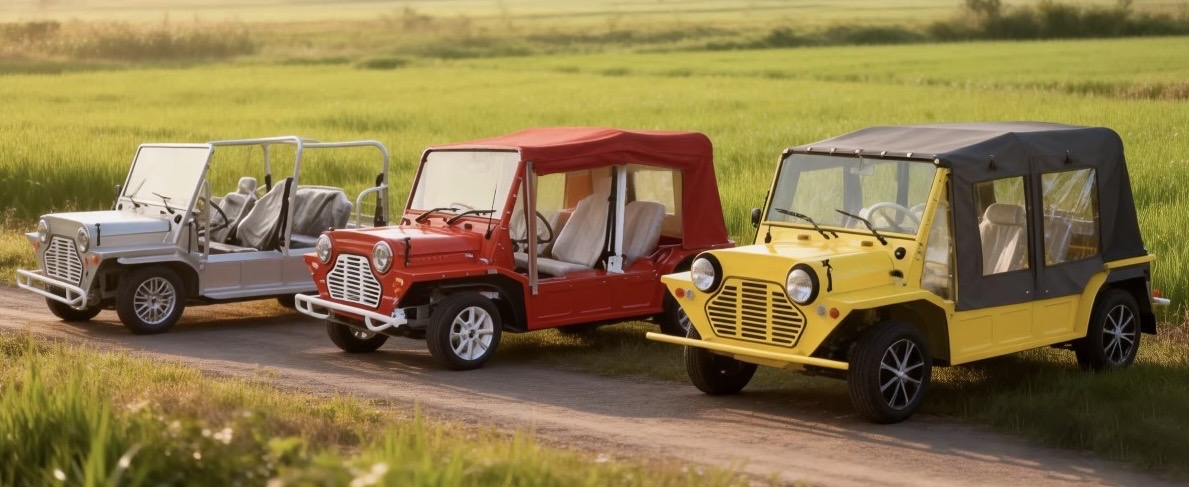 Three Capri vehicles in silver, red and yellow parked in a sunlit meadow