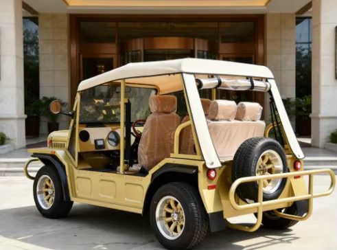 Gold Capri electric vehicle at a villa, viewed from the opposite rear side