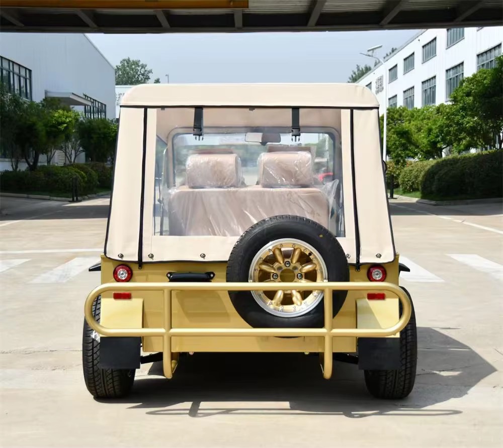 Gold Capri electric vehicle viewed from behind with spare wheel
