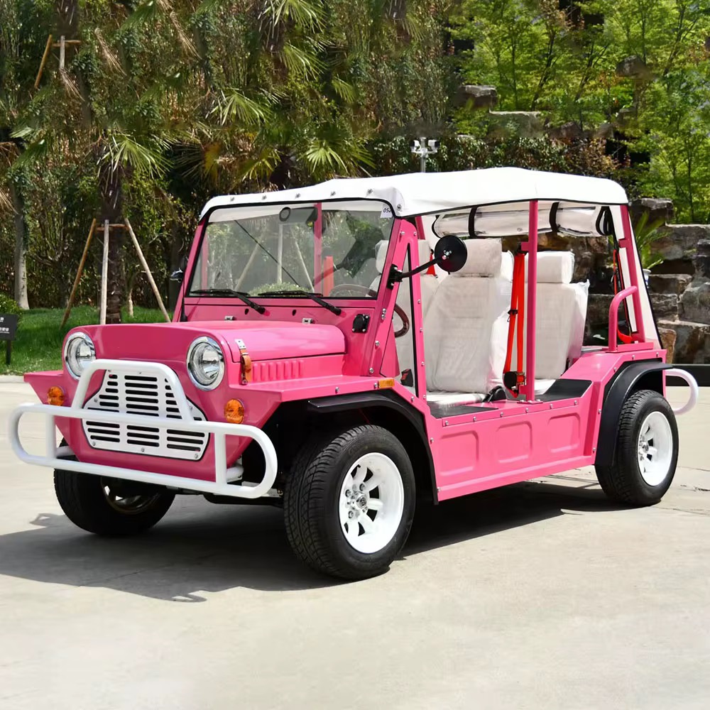 Pink Capri electric vehicle with white seats, side profile