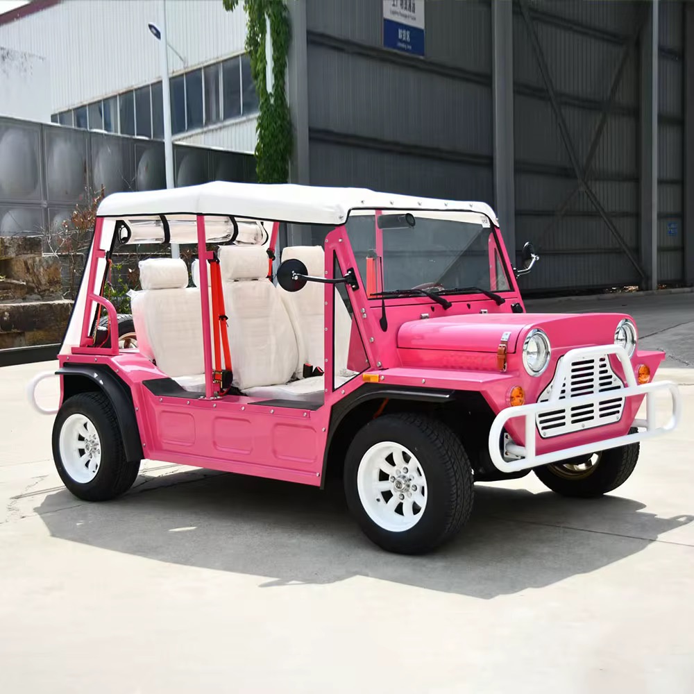Pink Capri electric vehicle with white canopy, three-quarter front view