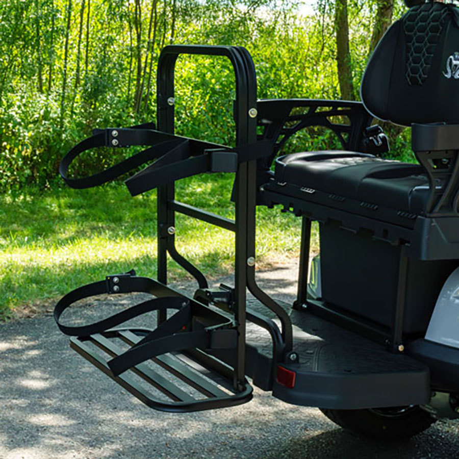 Rear-mounted golf bag carrier on an electric golf cart