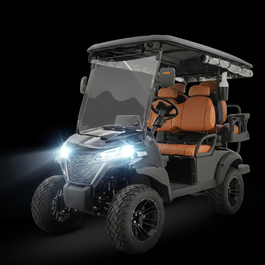 Black Riviera FR4 luxury electric golf cart on the French Riviera